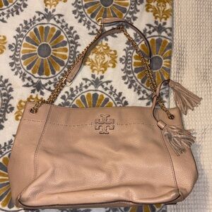 Tory Burch Beige Leather Shoulder Bag with Gold Chain
